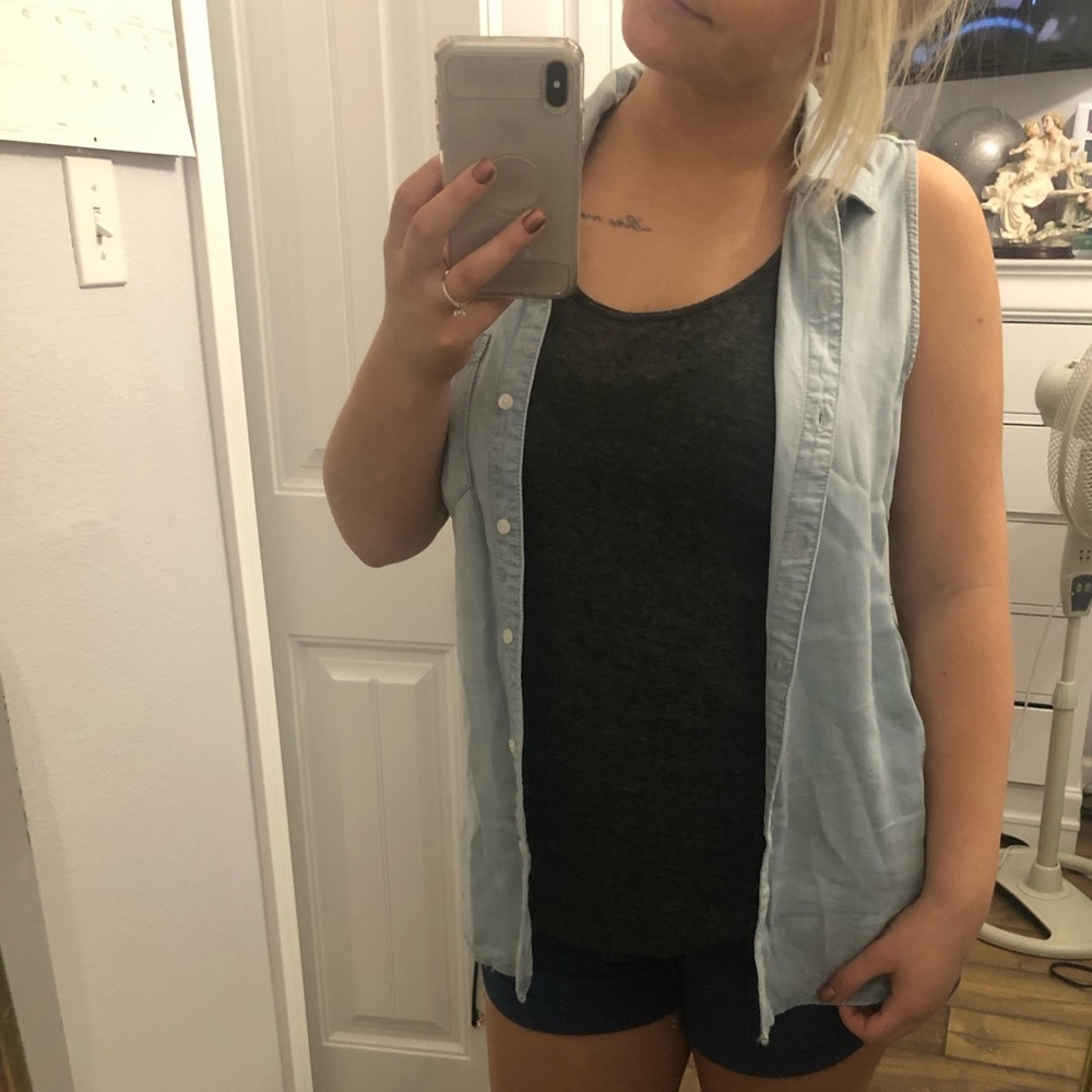 Button-down light wash blue jean shirt